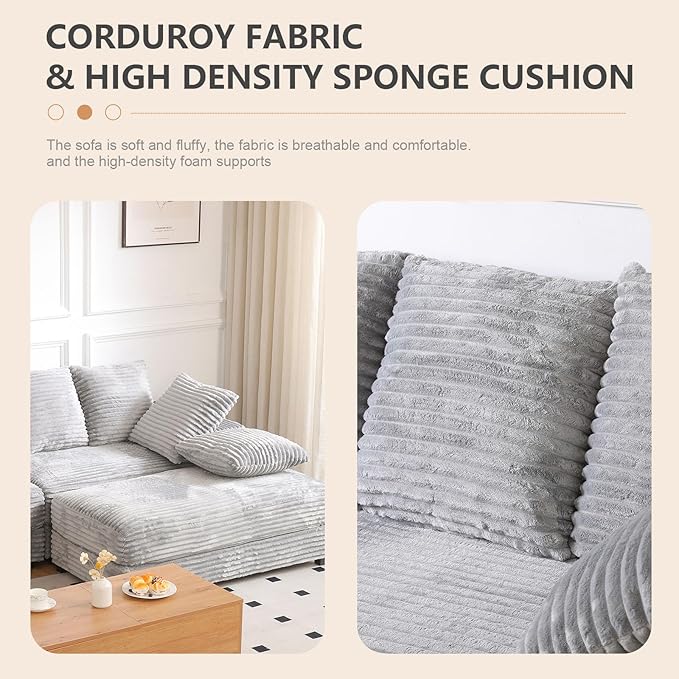 108 Oversized Sectional Sofa Modular Deep Seat Sofa Couch with Storage Ottoman Upholstered Comfy Cloud Couches with 8 Pillows Modern L-Shaped Corduroy Sofa Chaise for Living Room Apartment Gray