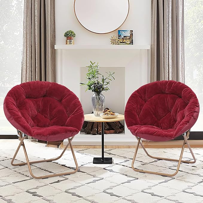 Foldable Oversized Moon Chairs Set of 2 Large Soft Lazy Cozy Comfortable Faux Fur Round Saucer Moon Chairs Set of 2 for Teens and Adults Burgundy