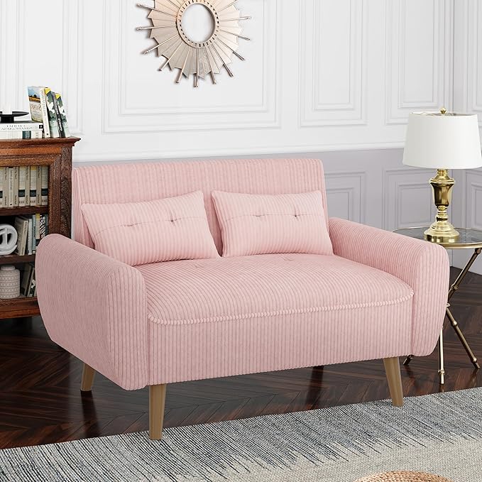 Shintenchi Small Modern Loveseat Couch Sofa Mid Century Fabric Upholstered 2-Seat Sofa Couch Love Seats Furniture for Small SpaceLiving RoomStudioApartment with 2 Pillows Pink