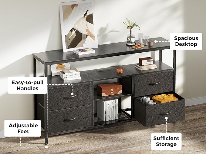 Huuger 47 Inch TV Stand Dresser with Power Outlets and LED Lights Fabric Dresser for Bedroom with Storage 4 Drawers Entertainment Center with Open Shelf Media Console for 55 50 Inch TV Black