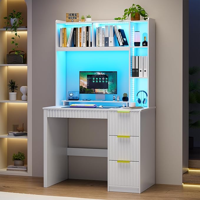 HNEBC Home Office Desk with Hutch and Drawers - 39 Standing Computer Desk with Charging Station&amp3 Color LightsHidden Compartment &amp Fluted Panel Design LED Writing Desk for Bedroom Study (W