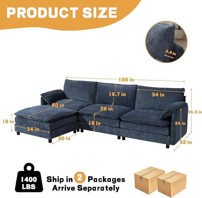 108 Cloud Sectional Couches for Living Room Convertible L Shaped Modular Sectional Sofa with Movable Ottoman 3-Seat Chenille Cloud Couch with Deep Seat for Bedroom Office Apartment Blue