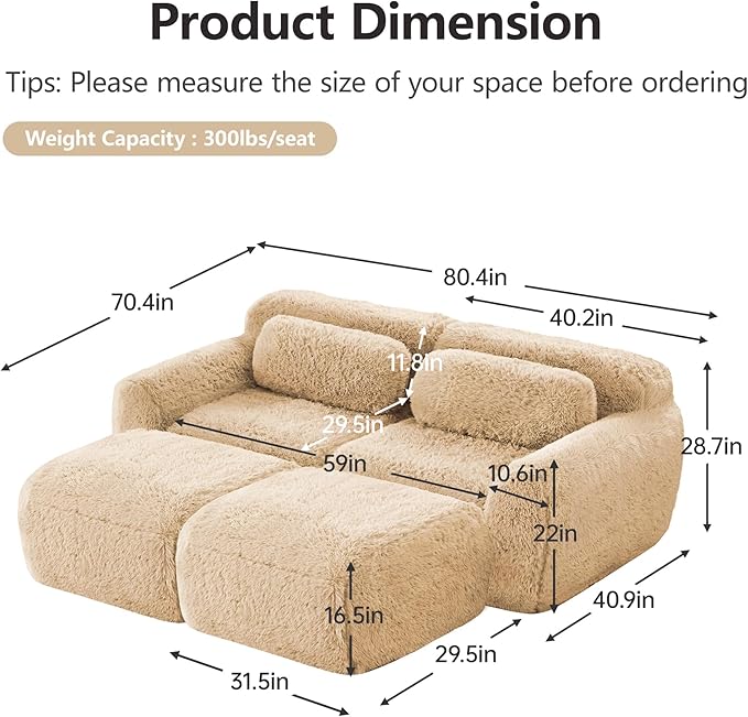 80.4”Boneless Cloud Couches Soft Fluffy Plush Fabric Modular Sectional Sofa Bed with 2 Ottoman Loveseat Light Khaki Couches No Assembly Required Comfy Sofa for Living Room