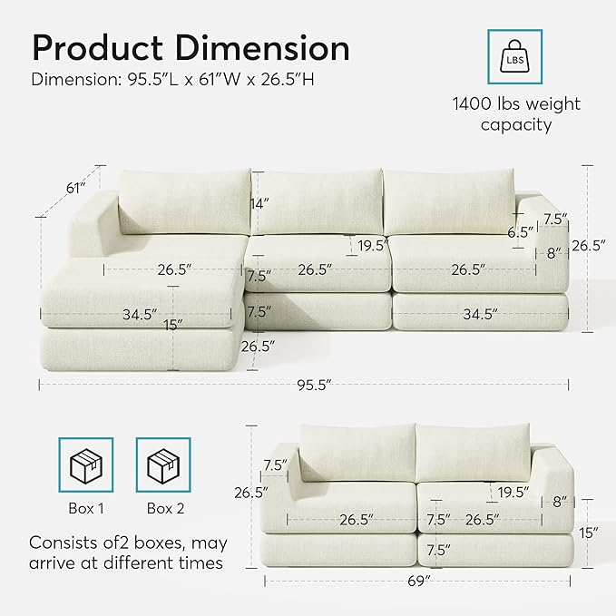 Cloud Boneless Modular Sectional Sofa 95.5 Modern Chenille Couch for Living Room Convertible Sleeper Sofa Bed Ergonomic Seating Cloud Couch Sectional No Assembly Required Beige