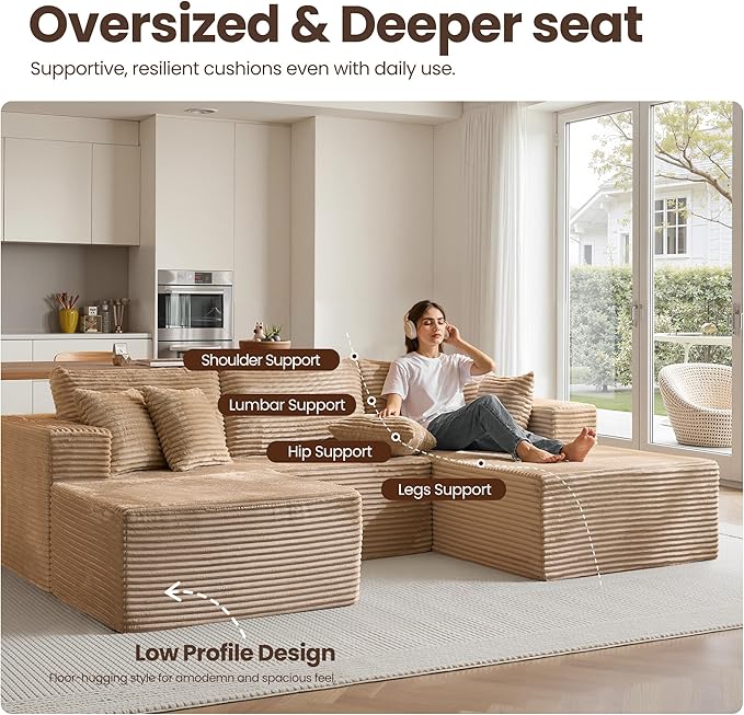 108 L Shaped Couch with Movable Ottoman Beige Boneless Memory Foam Modular Sectional Sofa with Right Facing Chaise Upholstered Corduroy U Couches for Living Room Bedroom No Assembly Required
