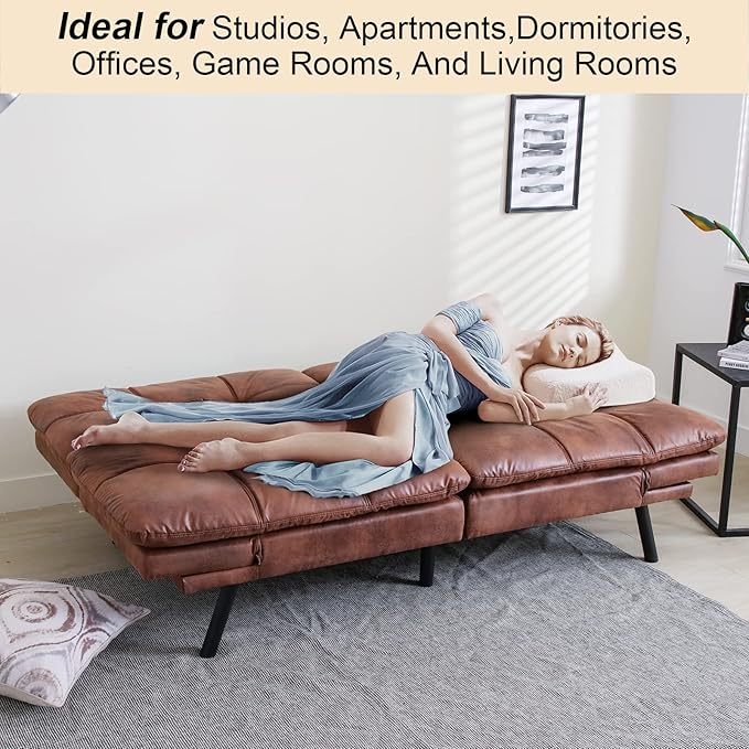 Opoiar Futon Couch Convertible Sofa Bed Memory Foam Faux Leather Brown 3 Seats