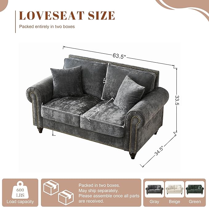 TTK 63 Modern 2-Seater Sofa with Rolled Arms Chenille Upholstered Loveseat Couch with Sturdy Wood Legs and Elegant Nailhead Trim Comfortable Small Sofa for Living Room Bedroom or Apartment Gray