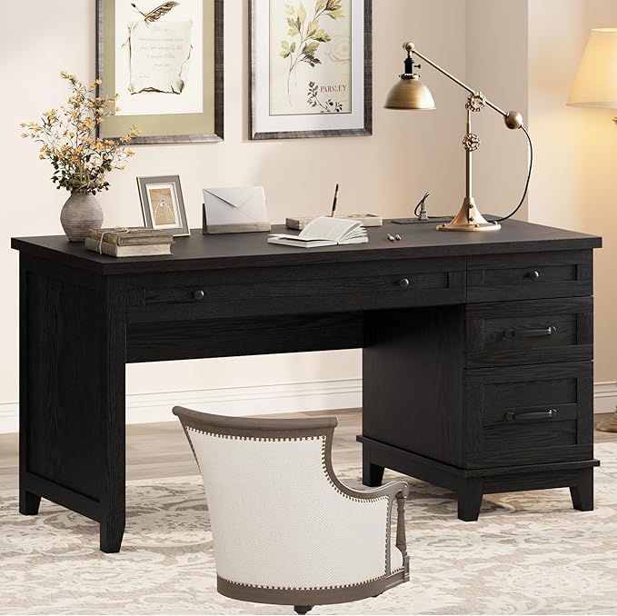 IDEALHOUSE Rustic Wood Double Desk with Built-in Charging Station &amp 4 File Drawers Spacious 2-Person Writing Table for Home Office Heavy-Duty Dual Workstation for Study &amp Work Black