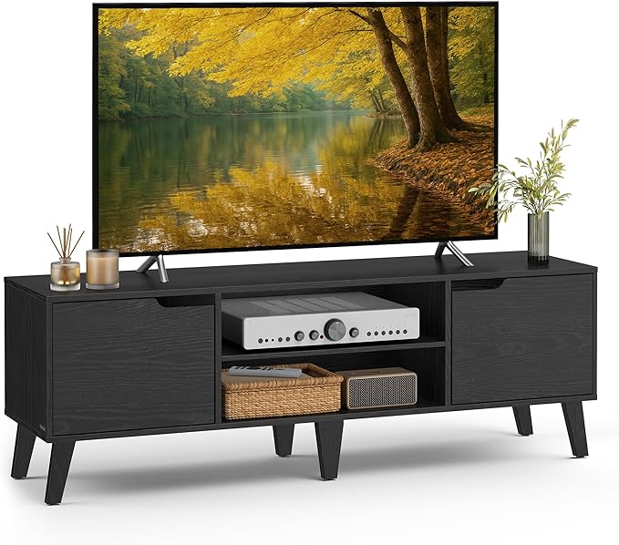 VASAGLE TV Stand for 65-Inch TVs Entertainment Center with Adjustable Shelf 58-Inch Long Media Console Table Transitional Style for Living Room Bedroom Ebony Black ULTV556B01