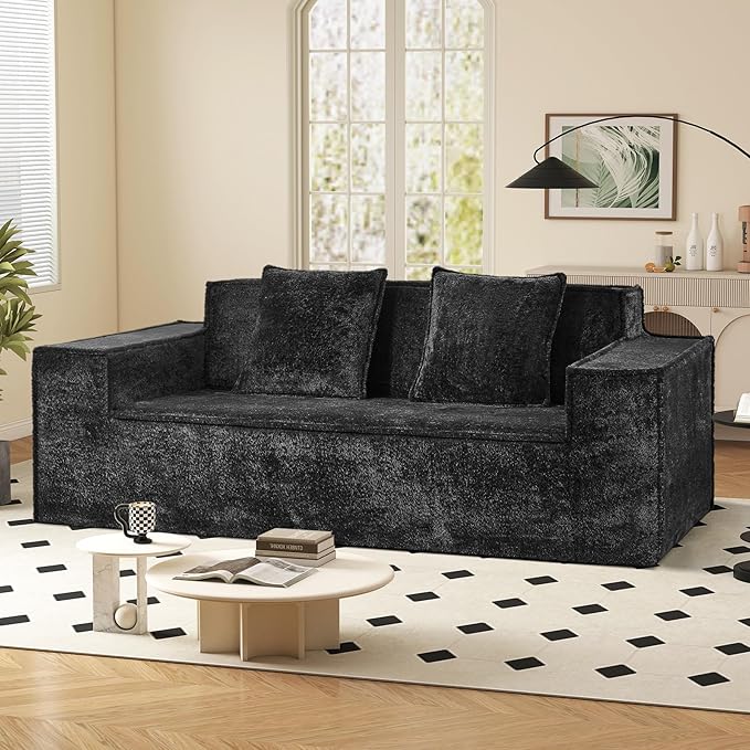 77'' Modern Cloud Loveseat Sofa in Chenille Deep Seat Boneless Couches Includes 2 pcs Pillows for Living Room Bedroom Apartment(Black)