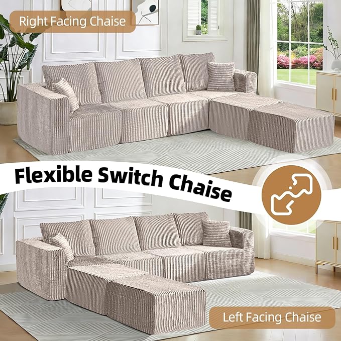 124 Modular Sectional Sofa U-Shaped 4 Seater Boneless Couch with 2 Ottomans Modern Cloud Sectional Couch Deep Seat Sofa for Living Room Bedroom Apartment No Assembly Required