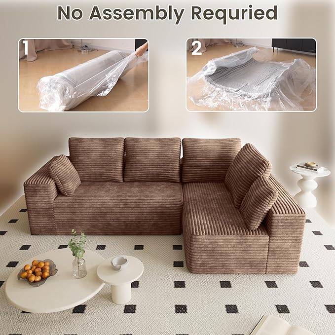 L Shaped Cloud Sectional Sofa Boneless Couch Sectional Couches for Living Room Modern Cozy Corduroy Deep Seat Sleeper Sofa No Assembly Required (Right Facing Chaise Brown)