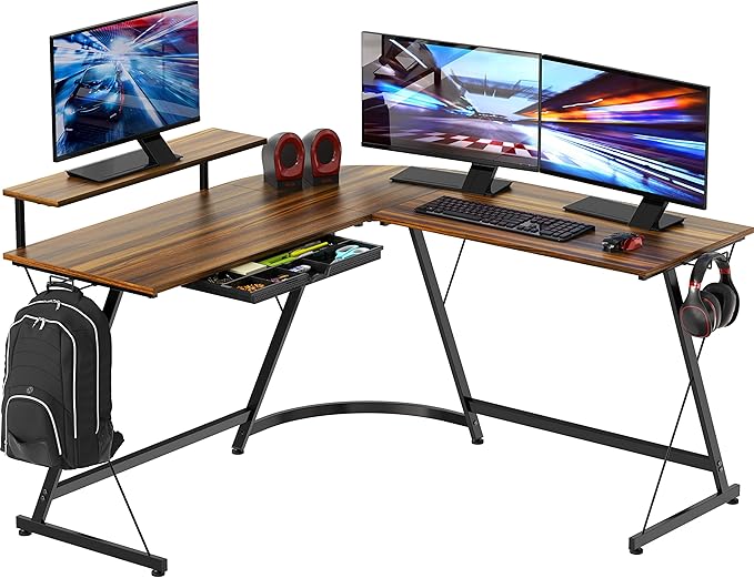 SHW 51 x 51 Inches Vista L-Shaped Desk with Monitor Stand and Drawer Walnut