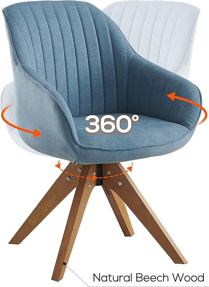 Art Leon Office Chair No Wheels Mid Century Modern Desk Chair No Wheels Swivel Accent Chair with Solid Wood Legs Upholstered Arm Chair for Small Spaces Living Room Bedroom Blue