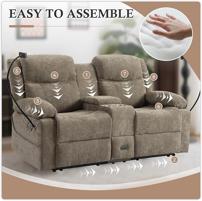 Manual Reclining Loveseat Sofa with Console Chenille Upholstered Couch for RV Living Room Apartment or Office Dual Recliners with Cup Holders Phone Holder Hidden Socket (Camel)