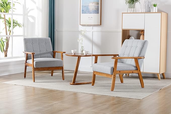 QiMaieeUSA Mid Century Modern Accent Chairs Set of 2 with Side Table Wood and Fabric Armchairs Side Chair Lounge Reading Comfy Arm Chair for Living Room Bedroom Office