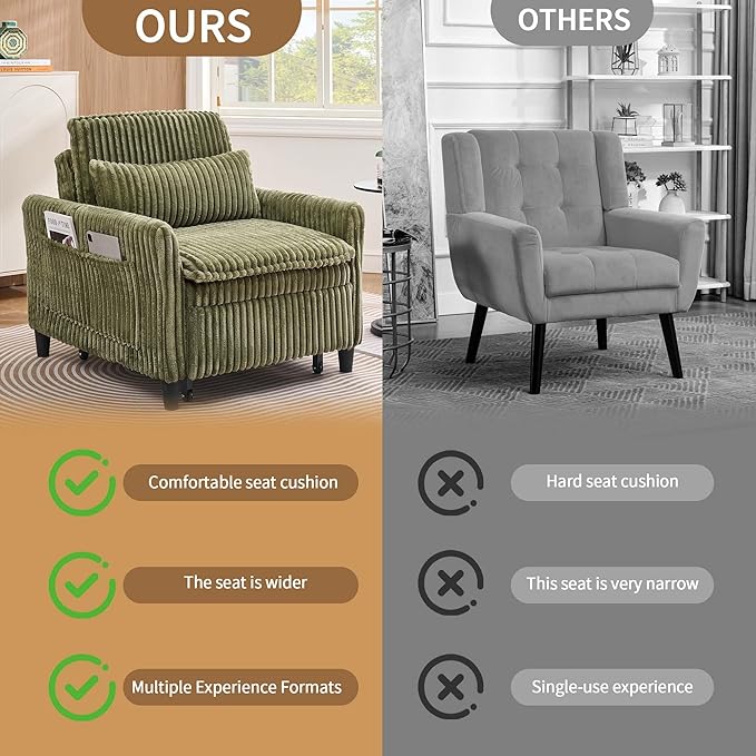 Modern Corduroy Fabric Sofa Bed Futon3 in 1 Convertible Pullout Bed Sleeper Couches with 3 Reclining BackrestsSmall Sofa Chair Bed for Living Room Bedroom (Green)