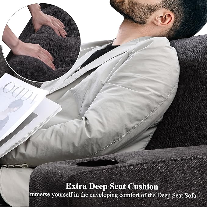 HOSTACK 89 Sofa Comfy Sofa Couch with Extra Deep Seats Modern 3 Seater Sofa with USB Charging Ports &amp 2 Cup Holders Chenille Upholstered Sofa for Apartment Living Room Office Dark Grey