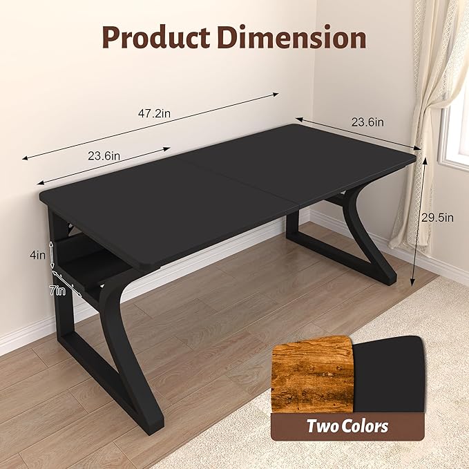 Computer Desk 47 x 23.6 Inch Home Office Desk Large Modern Computer Desks with Storage Shelf Metal Frame Work Study Writing Office Desk with Cable Hole Wide Desk for PC &amp Monitors (Black 47)