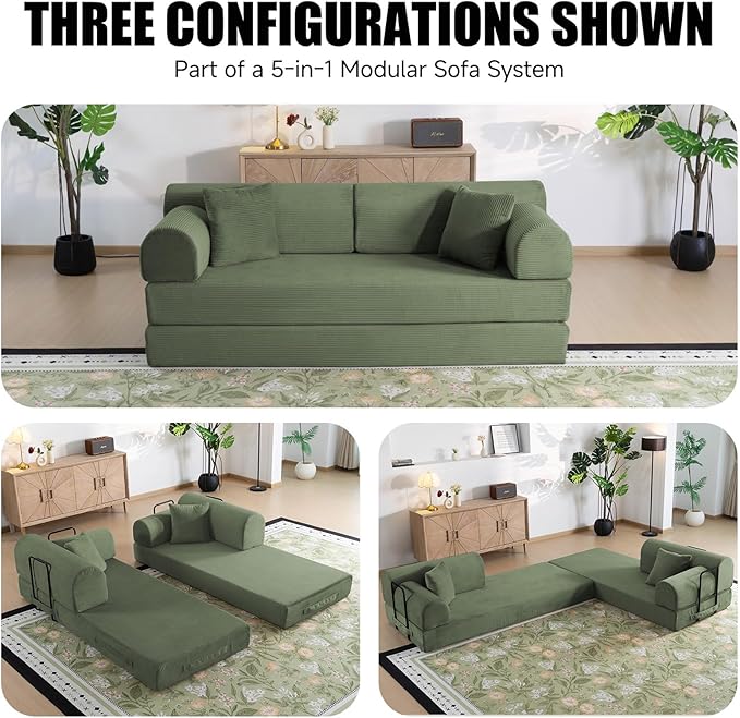 78.8 Boneless Memory Foam Couch Corduroy Convertible Floor Sofa Bed Fold-Out Sleeper Futon Loveseat Wide Armrests &amp Supportive Back 1200 lb Couch in a Box 2 Pillows Light Green