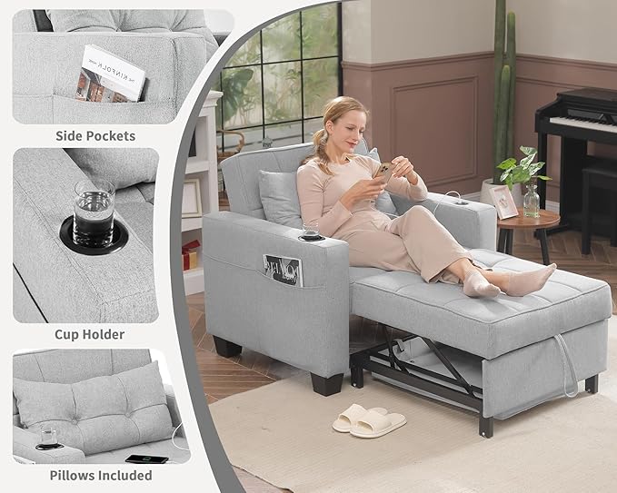 DURASPACE Pull Out Sofa Bed 3-in-1 Convertible Sofa Sleeper Chair Bed with USB Cup Holder Adjustable Armchair Beds for Small Spaces Apartment Living Room Office (Light Gray Linen)