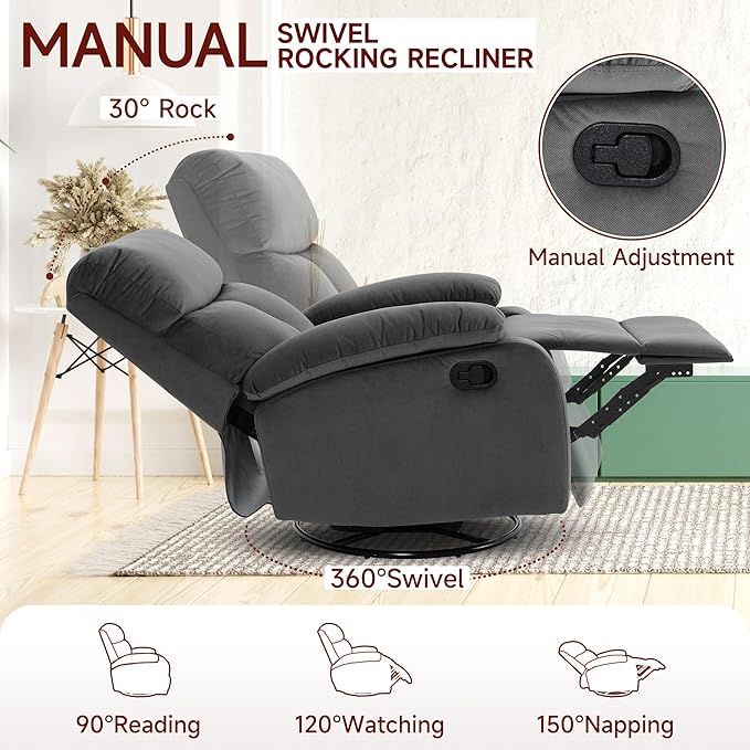 Swivel Rocker - Small Recliner for Small Spaces with Overstuffed Arms and Back Manual Swivel Recliner Chair with Ultra-Soft Velvet for Living Room Nursery Bedroom Dark Gray