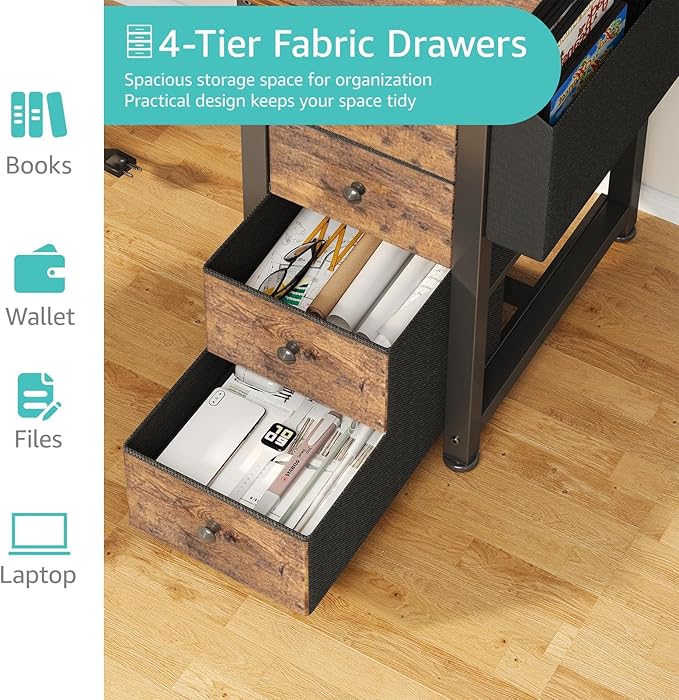 Lufeiya L Shaped Computer Desk with Drawers &amp Storage Shelves 55 Inch Corner Desk with Power Outlet for Home Office Bedroom L-Shaped Teen PC Gaming Desks with Fabric Drawer Rustic Brown
