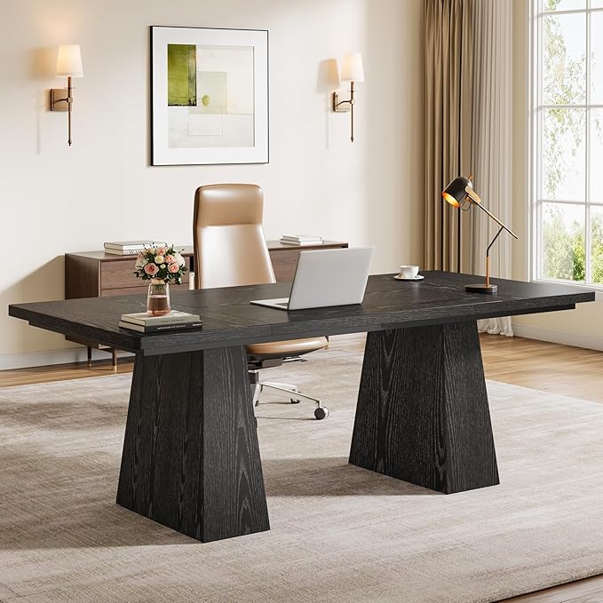 Tribesigns 63-Inch Executive Desk Modern Black Office Computer Desk with Sturdy Double Pedestal Large Study Writing Table Simple Workstation for Home Office