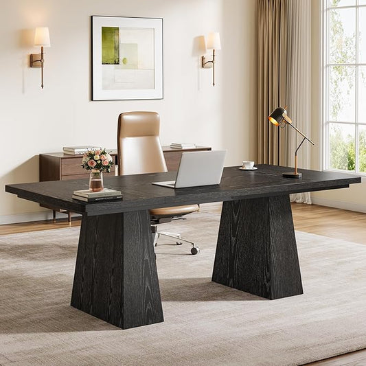 Tribesigns 63-Inch Executive Desk Modern Black Office Computer Desk with Sturdy Double Pedestal Large Study Writing Table Simple Workstation for Home Office