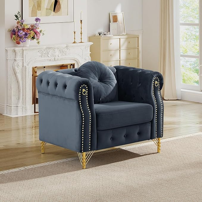 3 Pieces Chesterfield Sofa Set Velvet Mid Century Modern Loveseat Sofa with Button Tufted &amp Rivet Comfy 3-Seater Couch with Armrest Ring Cloud Chair for Living Room(37 W + 60.5 W + 82 W Bla