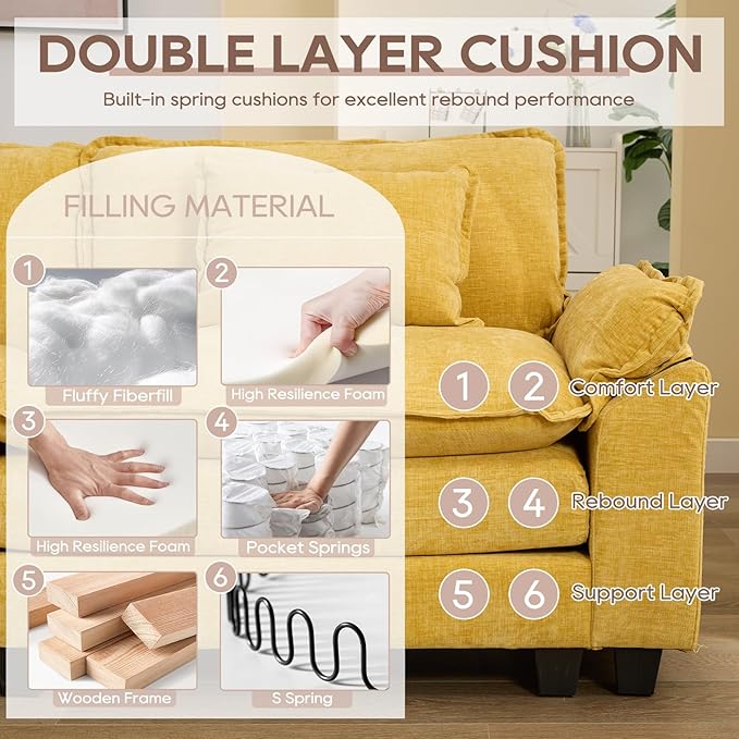 IPKIG 117 Sectional Sofa Cloud Couch Modern Chenille U-Shaped Couch Comfy Upholstered 3-Seat Sofa with 2 Ottoman 3 Lumbar Pillow Deep Seat Modular Sofa for Living Room Apartment Studio Yellow |