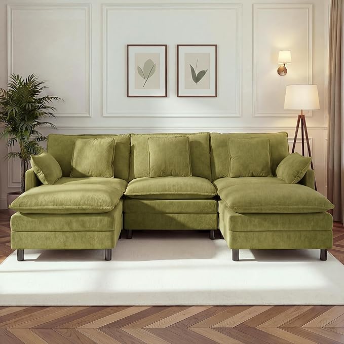 110 U-Shaped Modular Sectional Couch Modern Cloud Couch with Ottoman 5-Seat Chenille Sofa with Pillows Deep Seat Comfy Couch for Living Room Bedroom Green