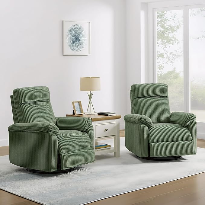 Swivel Rocker Recliner for Adults Corduroy 360 Degree Swivel Glider Recliner Manual 3-Position Adjustable Easy Assembly for Small Space Living Room Nursery Bedroom