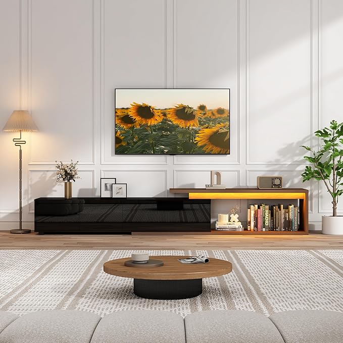 Extendable TV Stand with LED Light Modern Entertainment Center for up to 120 Inch TV Wood TV Media Console with 2 Drawers &amp 2 Cabinets for Living Room Bedroom 75-110 High Gloss Black &amp W