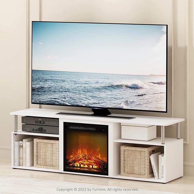 Furinno Jensen Open Storage Fireplace Entertainment Center for TV up to 70 Inch with Stainless Steel Tubes White Oak/Chrome