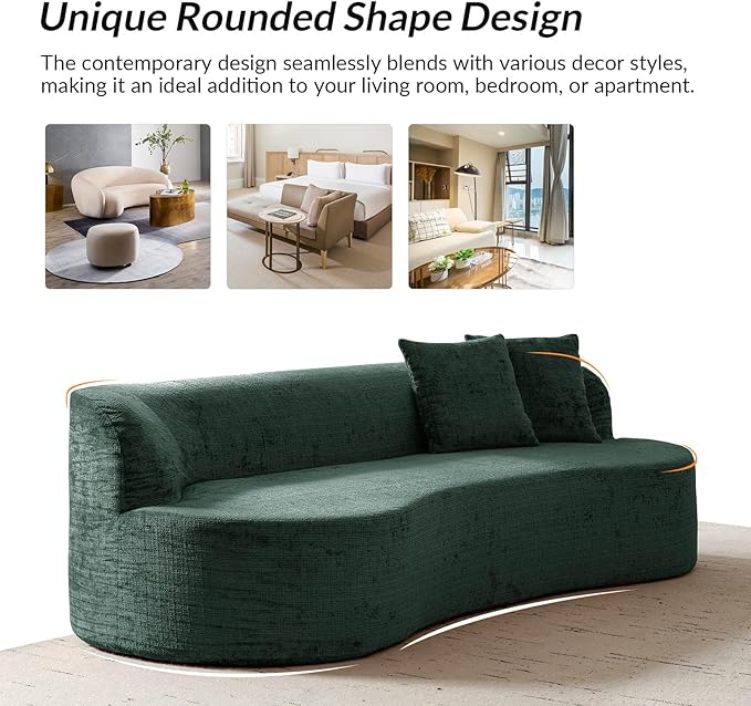 95 Modern Curved Compressed Sofa All-Foam 3-Seater Cloud Couch with 2 Pillows No Assembly Required Boneless Sofas for Living Room Olive