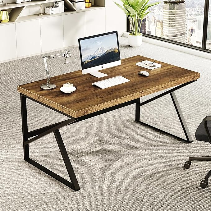 HSH Rustic Brown Desk Industrial Home Office Computer Desk Farmhouse Metal and Wood Computer Table Simple Bedroom Laptop PC Desk for Student Writing Study Gaming Executive Workstation 55 in