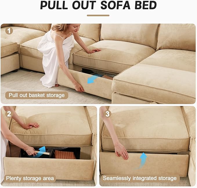Aoowow Modular Sectional Sofa with Pullout Storage Seat 78.7” Chenille 2-Seat Sofa Couch Upholstered Love Seat Couches with 2 Storage Ottomans for Living Room Apartment OfficeWheat