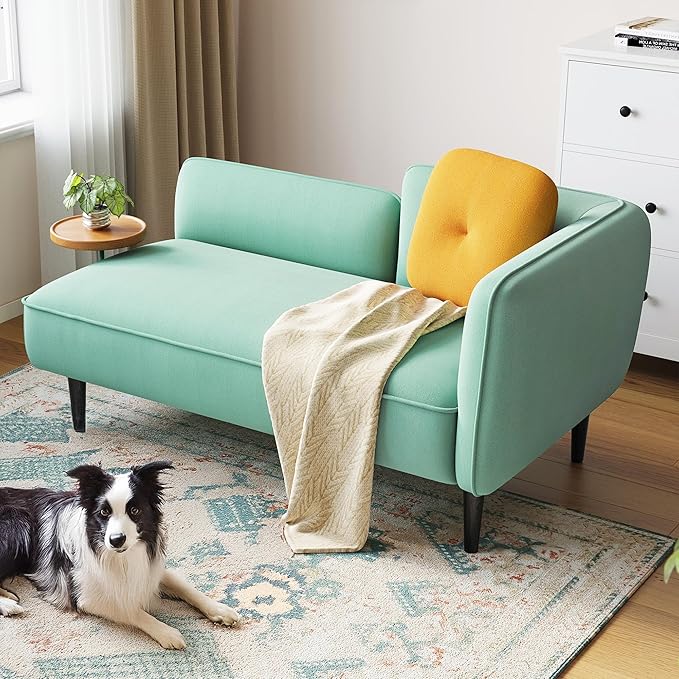 LINSY Small Loveseat Sofa Mid Century Modern Couch 2 Seater Loveseats for Small Spaces 57 Mini Couches for Bedroom Living Room Teal Linen Settee Couch with Removable Table and Pillow (Teal Left)