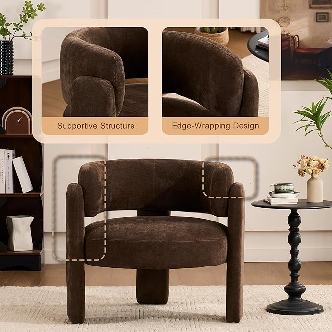 Modern Accent Barrel ChairMid Century Single Armchair with Curved Backrest Upholstered Side Reading Chair with 3 Legs Comfy Sherpa Chair for Bedroom and Living Room (Dark Brown Set of 1)