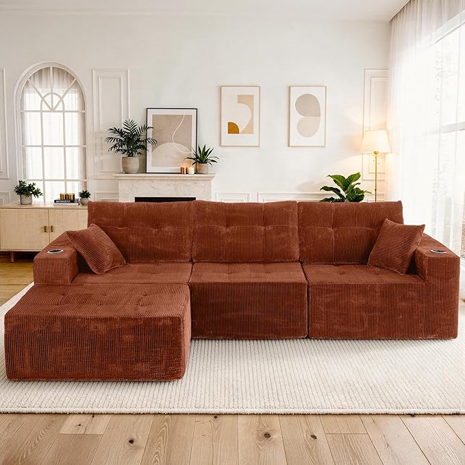 113 Modular Sectional Sofa for Living Room Convertible L-Shape Couch with OttomanModular Sectional SofaReddish Brown Corduroy