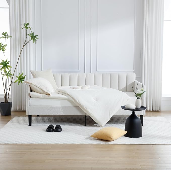 GDFStudio Twin Size Upholstered Daybed Futon Sofa Bed Ribbed Tufted Backrest Lavish Modern Design Couch Bed Frame for Bedroom Living Room Guest Room ApartmentIvory Boucle