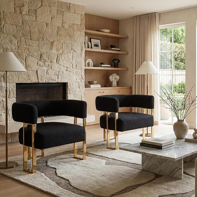 Barrel Accent Chairs Set of 2 Comfy Sherpa Upholstered Armchairs for Living Room with Semi-Open Back Reading Accent Chairs with Gold Metal Legs for Bedroom Vanity Reception Black