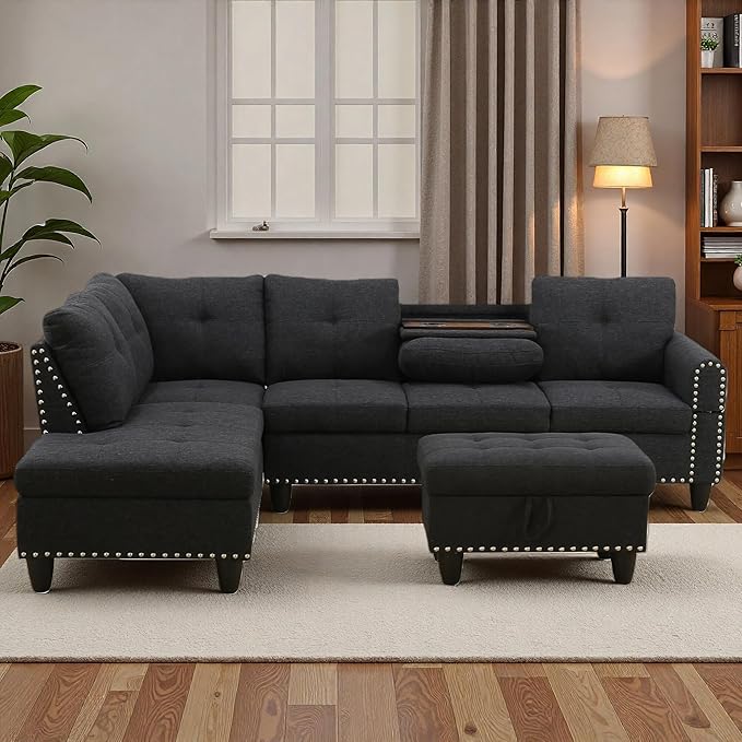 3-Piece L-Shaped Modular Sofa – Convertible Sectional Couch with Movable Chaise &amp Storage Ottoman Multi-Scene Use for Living Room Apartment &amp Office Black Grey