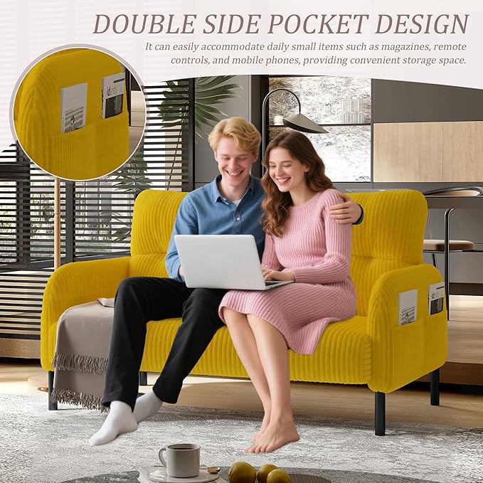47'' Small Loveseat Sofa Comfy Corduroy Love Seat Couch for Small Spaces 2 Seater Sofa Office Couch with Solid Wood Legs for Living Room Bedroom Apartment (Yellow)