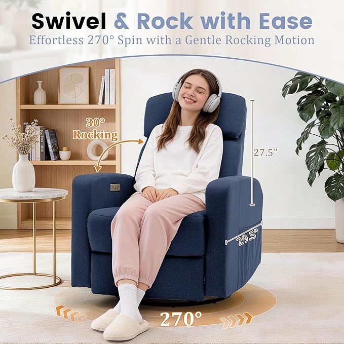 Power Swivel Recliner Chairs for Adults Electric Glider Rocking Chair Nursery Glider Recliner Nursery Chair with Classified Side Pocket Nursery Rocking Chairs with USB and Type-C Ports