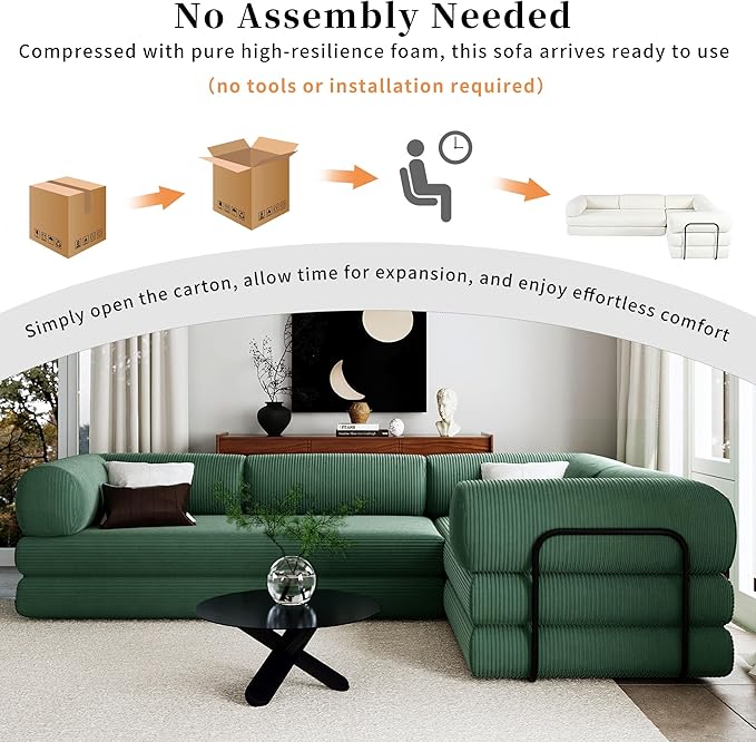 116''W Modular Sofa Bed in Corduroy Fabric L Shaped Sectional Couches Modern Upholstered Couches with Iron Frame Support 4 Independent Mattresses 3 Wedge Cushions and 1 Flat Cushion (Green/22)