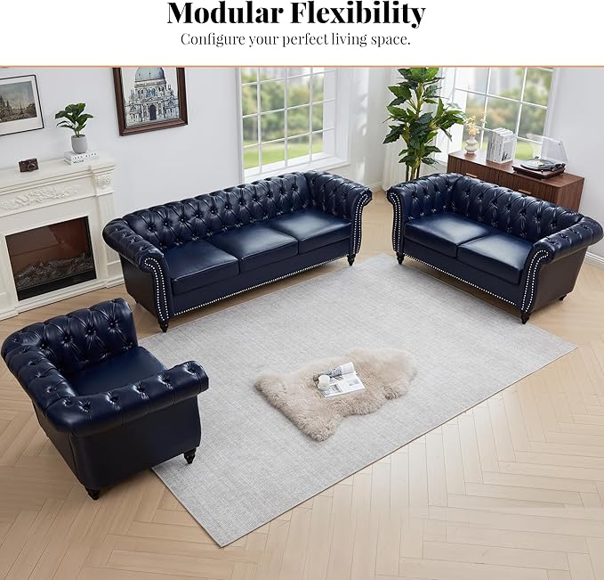 LEVNARY Chesterfield Sofa 3 Seater Tufted Couch for Living Room Classic Button Tufted Upholstered Sofa Modern Mid-Century PU Leather Sofa (Blue)