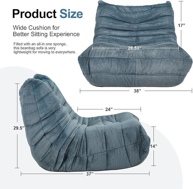 Bean Bag Chairs for Adults Giant Bean Bag Chair Memory Foam BeanBag Chair Bean Bag Sofa with Filler Faux Fur Fireside Beanbags Lazy Sofa for Living Room Bedroom Office (Bluegrey Plush Single)