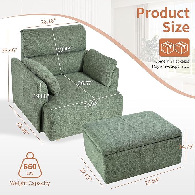 Snowflake Fleece Oversized Accent Chair with Storage Ottoman - 26.57 Wide Deep Seat Reading Chair Convertible Daybed 400lbs Capacity for Living Room &amp Apartment (Green)